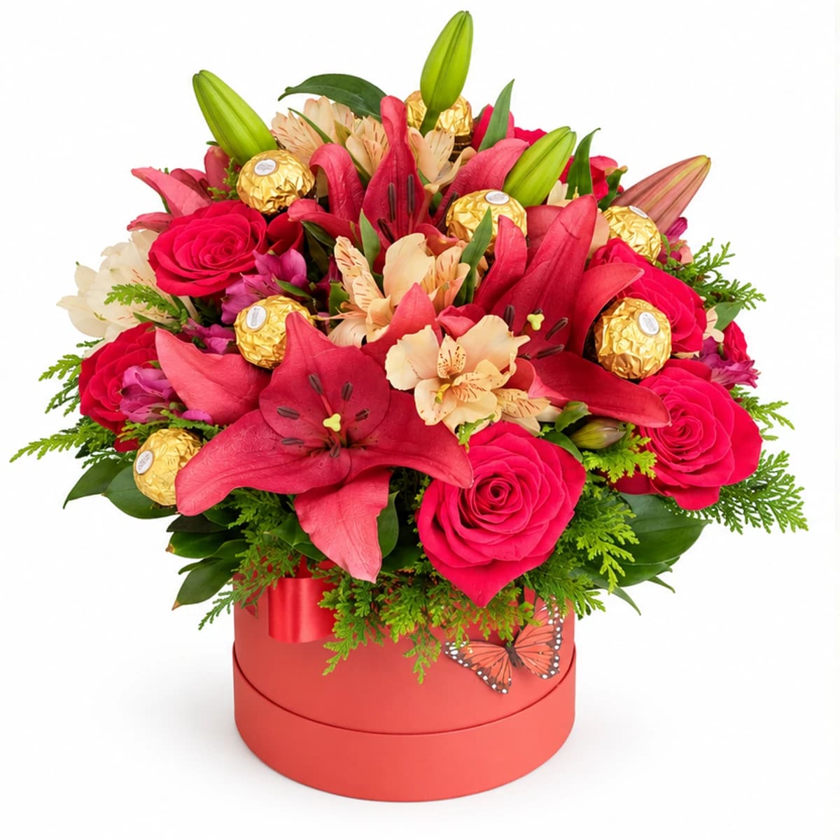 Arranjo de Rosas e Lírios com Chocolates