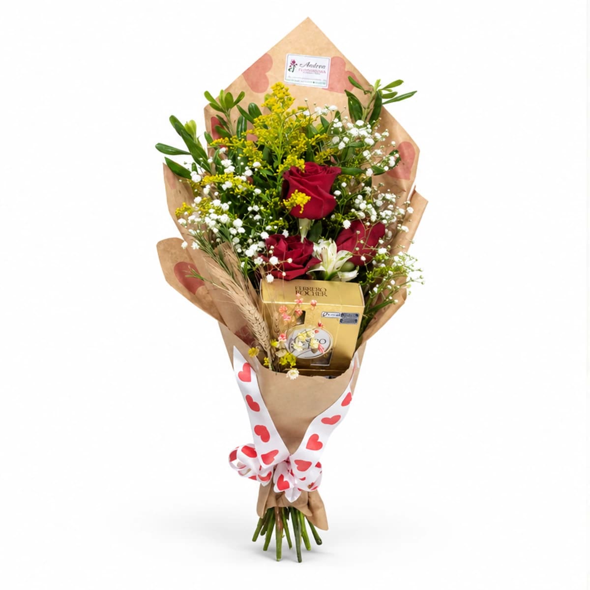 Ramalhete de Rosas Vermelhas com Ferrero em Kraft