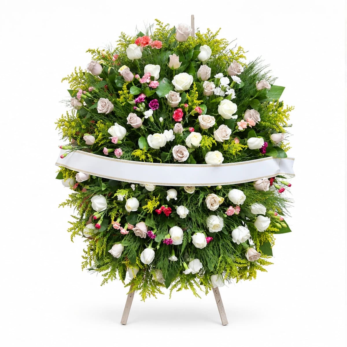 Coroa Fúnebre Grande de Rosas Claras e Flores Mistas