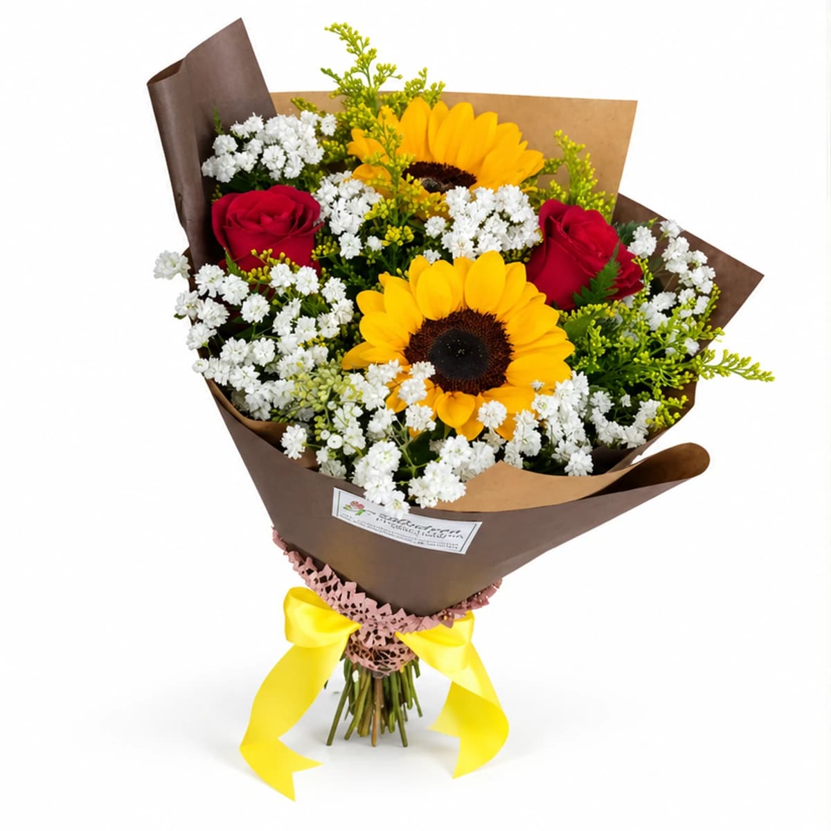 Buquê de Girassóis e Rosas com Laço Amarelo