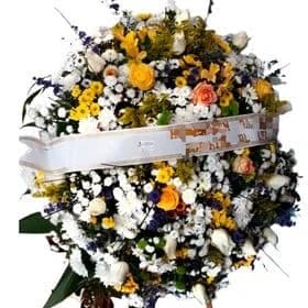Coroa Fúnebre Média com rosas amarelas, Branca e Ambiance com Flores do campo